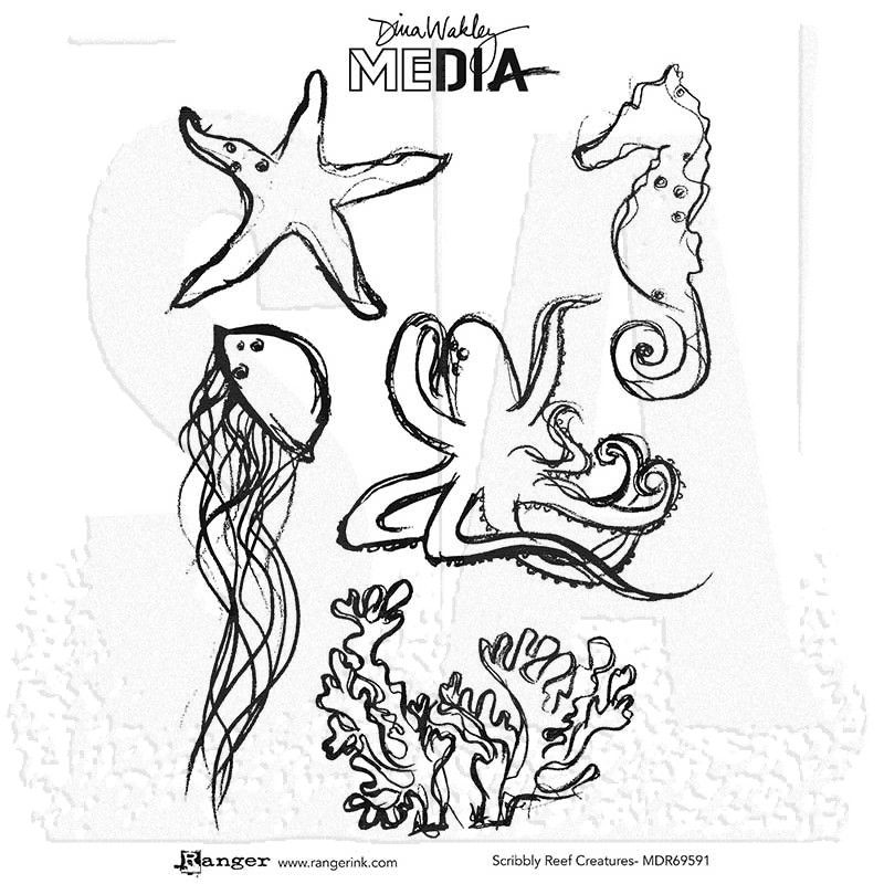 Dina Wakley Media Ranger Cling Rubber Stamp Set SCRIBBLY FISHIES 