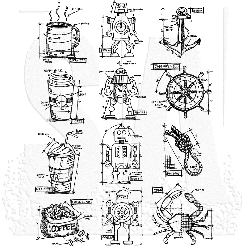 Fresh Brewed 3 by 10 Stampers Anonymous Tim Holtz Mini Blueprints Strip Cling Rubber Stamps