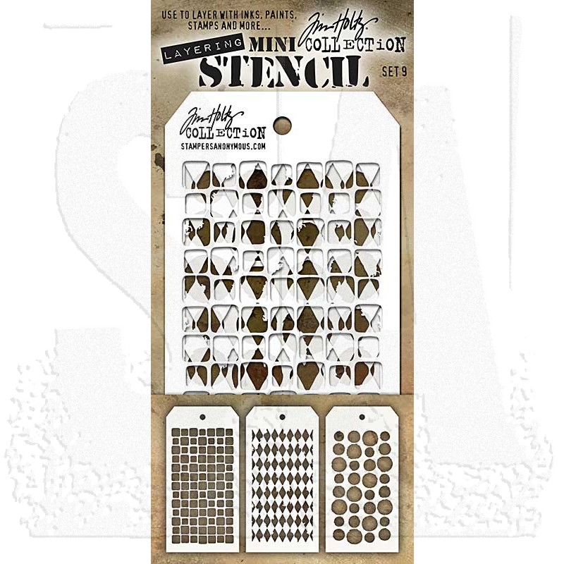 Tim Holtz Dot Fade Honeycomb Nine Mini Layering Stencils Numeric aka sets 7 Harlequin and Splotches 8 & 9 Rings Houndstooth Schoolhouse Tiles 